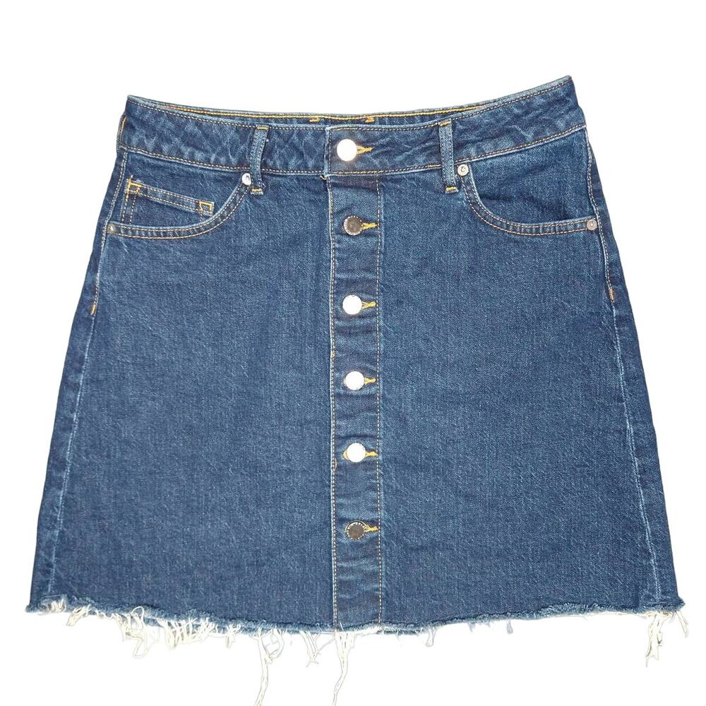 & Denim Jean Skirt with Raw Hem size 8 Button Front Distressed retro 70s Indie